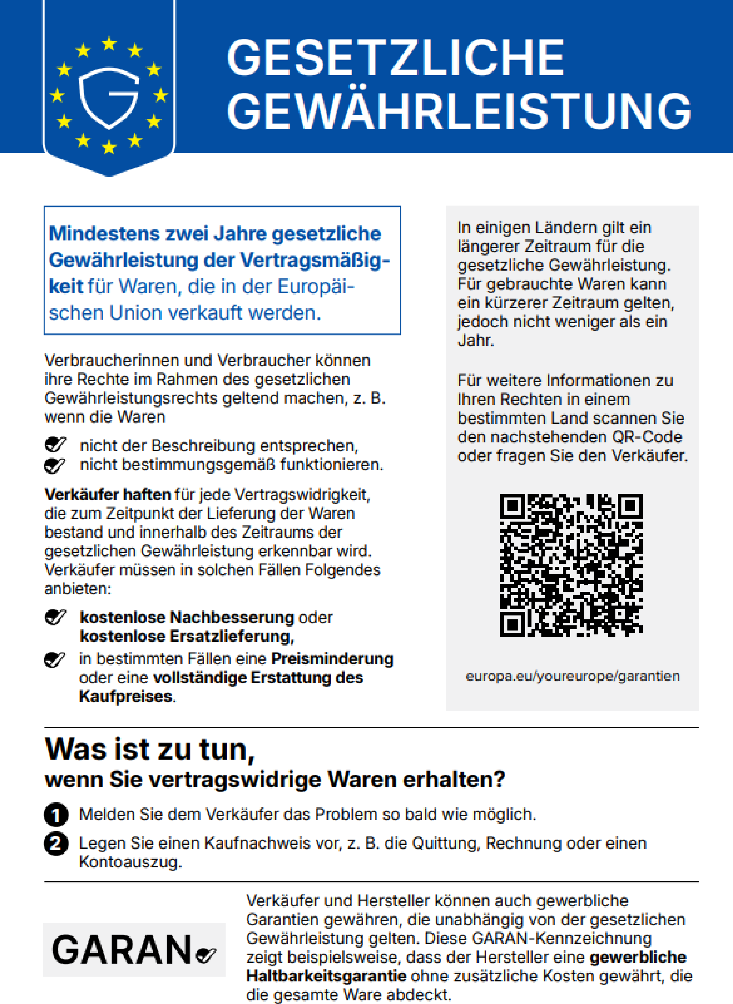 Harmonisierte Mitteilung der Europäischen Union „Gesetzliche Gewährleistung“: mindestens zwei Jahre gesetzliche Gewährleistung für Waren, die in der EU verkauft werden, mit QR-Code zu weiteren Informationen